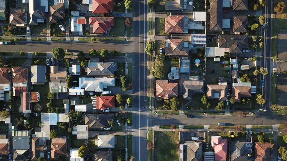 An aerial photo of a suburban neighborhood.